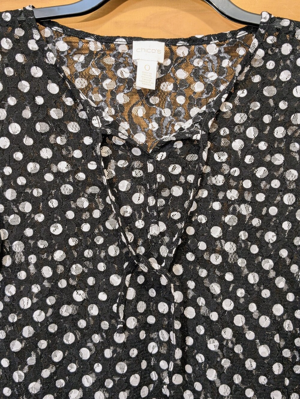 Chico's Tunic Top Nylon Mesh Polka Dot 3/4 Sleeve Semi Sheer Black White Sz 0/Sm - Picture 5 of 10